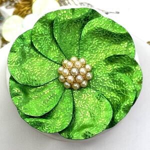 Metal Flower Brooch 3" Green Stamped Metal Pin Vintage Vtg Estate Jewelry O30